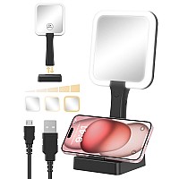 Benbilry Lighted Handheld & Tabletop Mirror with 3 Color Dimmable Lights, 5X Magnification & Phone Holder Base, Rechargeable Double Sided Magnifying Travel Makeup Mirror Black