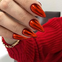 Bright Red Chrome Press On Nails Medium Almond Kqueenest Mirror Metal Stiletto Fake Acrylic Nails With Bling Design Medium Glu