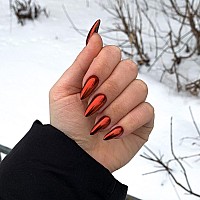 Bright Red Chrome Press On Nails Medium Almond Kqueenest Mirror Metal Stiletto Fake Acrylic Nails With Bling Design Medium Glu