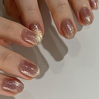 Almond Press On Nails Short Brown Cat Eye Fake Nails Holographic Glitter Gel Acrylic Nails With Nail Glue Shiny Glossy False N