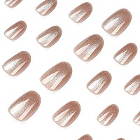 Almond Press On Nails Short Brown Cat Eye Fake Nails Holographic Glitter Gel Acrylic Nails With Nail Glue Shiny Glossy False N