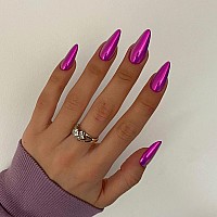 Purple Chrome Press On Nails Medium Almondkqueenest Mirror Metal Stiletto Fake Acrylic Nails With Bling Design Reusable Glue O