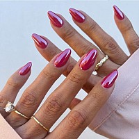 Hot Pink Chrome Press On Nails Medium Almond Kqueenest Iridescent Stiletto Fake Acrylic Nails With Holographic Mirror Effect Pe