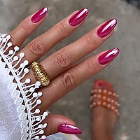 Hot Pink Chrome Press On Nails Medium Almond Kqueenest Iridescent Stiletto Fake Acrylic Nails With Holographic Mirror Effect Pe