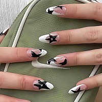 Almond Press On Nails Medium Fake Nails White French Black Stars With Rhinestones Gel Acrylic Nails With Nail Glue Glossy Fals