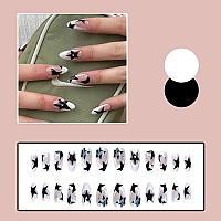 Almond Press On Nails Medium Fake Nails White French Black Stars With Rhinestones Gel Acrylic Nails With Nail Glue Glossy Fals