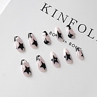 Almond Press On Nails Medium Fake Nails White French Black Stars With Rhinestones Gel Acrylic Nails With Nail Glue Glossy Fals