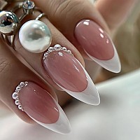 French Press On Nails Medium Almond Fake Nails White Tip With Pearls Chain Gel Acrylic Nails With Nail Glue Glossy False Nails