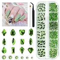 Qiipii 1802Pcs Light Green Nail Rhinestones Grass Green Nail Charms Multi Shapes Crystal Flatback Rhinestones Gems Round Beads G