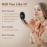 Kintion Travel Mirror With Light 1X10X Magnification Compact Mirror 4 Rechargeable Led Purse Mirror Dimmable 3 Color Temper