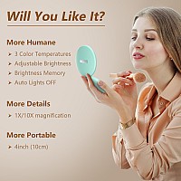 Kintion Travel Mirror With Light 1X10X Magnification Compact Mirror 4 Rechargeable Led Purse Mirror Dimmable 3 Color Temper