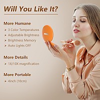 Kintion Travel Mirror With Light 1X10X Magnification Compact Mirror 4 Rechargeable Led Purse Mirror Dimmable 3 Color Tempe