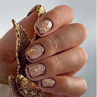 Kxamelie Black French Press On Nails Short Square Gold Foil Fake Nails Press Ons Cute Acrylic Glue On Nails With Design For Wome