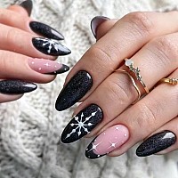 Kxamelie Black Glitter Fake Nails Medium Almond Press On Nails French Tip Nails For Women Real Nude Glue On Nails Acrylic Nails