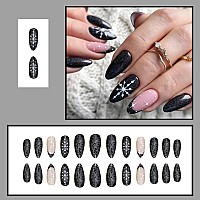 Kxamelie Black Glitter Fake Nails Medium Almond Press On Nails French Tip Nails For Women Real Nude Glue On Nails Acrylic Nails