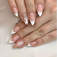 Kxamelie Christmas Fake Nails Medium Almond Press On Nails White French Tip Nails For Women Real Nude Glue On Nails Acrylic Nail