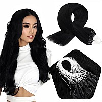 Full Shine 24 Inch Black Hair Extensions Real Human Hair Black Micro Link Bead Hair Extensions Micro Loop Hair Extensions Jet Bl