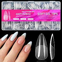 Addfavor 600Pcs Almond Nail Tips Medium Almond Gel X Nail Tips Clear Fake Nails Full Cover Acrylic Nail Tips For Extension Nail