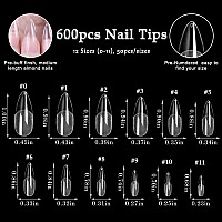 Addfavor 600Pcs Almond Nail Tips Medium Almond Gel X Nail Tips Clear Fake Nails Full Cover Acrylic Nail Tips For Extension Nail