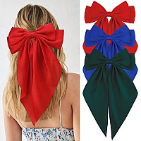 Velscrun 3Pcs Womens Hair Accessories Large Satin Bows And Barrettes In Red Blue And Green Perfect Gift