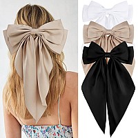 Velscrun 3Pcs Womens Hair Accessories Gifts White Black And Khaki Oversized Satin Hair Bows With Long Tails Barrettes And