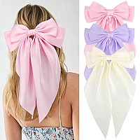 Velscrun Hair Bows For Women Girls 3Pcs White Pink Purple Silky Satin Large Bows Hair Clip Oversized Hair Ribbons Long Tail Big