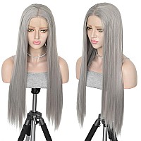 Elesty Grey Synthetic Lace Front Wig Long Straight Middle Part Pre Plucked Gray Lace Wigs For Women Daily Party Use