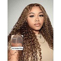 Unice Bye Bye Knots Wig Honey Blonde With Highlights Curly Invisible Knots 7X5 Pre Cut Lace Front Wigs Human Hair Put On And Go