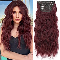 Kookastyle Hair Extensions Burgundy Clip In Synthetic Highlight Hair Extensions Long Wavy 4Pcs Thick Hairpieces 20 Inch For Wome