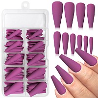 Addfavor 100Pcs Long Coffin Press On Nails Purple Fake Nails Matte Long Ballerina Full Cover Nail Acrylic False Nail Tips For Wo