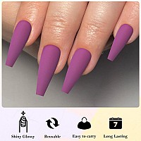 Addfavor 100Pcs Long Coffin Press On Nails Purple Fake Nails Matte Long Ballerina Full Cover Nail Acrylic False Nail Tips For Wo