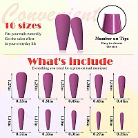 Addfavor 100Pcs Long Coffin Press On Nails Purple Fake Nails Matte Long Ballerina Full Cover Nail Acrylic False Nail Tips For Wo