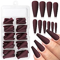 Addfavor 100Pcs Long Coffin Press On Nails Dark Red Fake Nails Matte Long Ballerina Full Cover Nail Acrylic False Nail Tips For