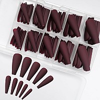 Addfavor 100Pcs Long Coffin Press On Nails Dark Red Fake Nails Matte Long Ballerina Full Cover Nail Acrylic False Nail Tips For