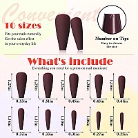 Addfavor 100Pcs Long Coffin Press On Nails Dark Red Fake Nails Matte Long Ballerina Full Cover Nail Acrylic False Nail Tips For