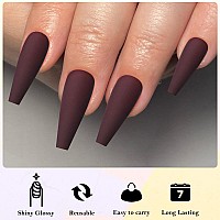 Addfavor 100Pcs Long Coffin Press On Nails Dark Red Fake Nails Matte Long Ballerina Full Cover Nail Acrylic False Nail Tips For