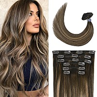 Ugotrays Mushroom Brown Hair Extensions Real Human Hair Ombre Medium Brown Fading To Caramel Blonde Balayage 20Inches 70G Highli