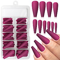 Addfavor 100Pcs Long Coffin Press On Nails Fuchsia Fake Nails Matte Long Ballerina Full Cover Nail Acrylic False Nail Tips For W