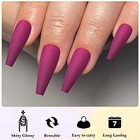 Addfavor 100Pcs Long Coffin Press On Nails Fuchsia Fake Nails Matte Long Ballerina Full Cover Nail Acrylic False Nail Tips For W