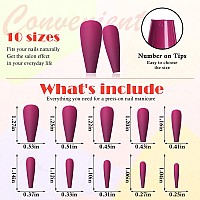 Addfavor 100Pcs Long Coffin Press On Nails Fuchsia Fake Nails Matte Long Ballerina Full Cover Nail Acrylic False Nail Tips For W