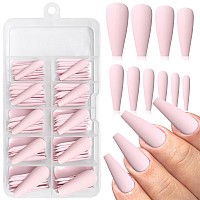 Addfavor 100Pcs Long Coffin Press On Nails Pinkish White Fake Nails Matte Long Ballerina Full Cover Nail Acrylic False Nail Tips