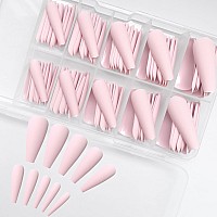 Addfavor 100Pcs Long Coffin Press On Nails Pinkish White Fake Nails Matte Long Ballerina Full Cover Nail Acrylic False Nail Tips