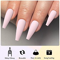 Addfavor 100Pcs Long Coffin Press On Nails Pinkish White Fake Nails Matte Long Ballerina Full Cover Nail Acrylic False Nail Tips