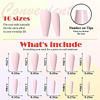 Addfavor 100Pcs Long Coffin Press On Nails Pinkish White Fake Nails Matte Long Ballerina Full Cover Nail Acrylic False Nail Tips