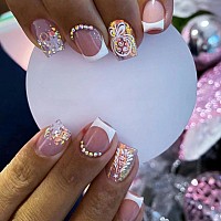 Babalal Square Press On Nails Short Fake Nails White French Tip Glue On Nails Christmas Tree Glitter Rhinestone Acrylic Nails Au