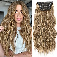 Kookastyle Hair Extensions Brown Mix Blonde Clip In Synthetic Highlight Hair Extensions Long Wavy 4Pcs Thick Hairpieces 20 Inch