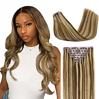 Lashey Seamless Clip In Hair Extensions 22 Inch Balayage Ash Brown To Honey Blonde Long Straight Hair Extensions 110G 7Pcs Pu Cl