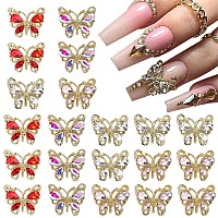 20Pcs Butterfly Nail Charms 3D Butterfly Shape Nail Rhinestones Ab Color Red Pink Diamond Gems For Nail Art Metal Gold Butter