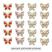 20Pcs Butterfly Nail Charms 3D Butterfly Shape Nail Rhinestones Ab Color Red Pink Diamond Gems For Nail Art Metal Gold Butter