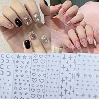 6Sheets Metallic Silver Nail Stickers 3D Star Nail Art Decals Nail Art Supplies Selfadhesive Stars Moon Love Heart Silver Nai